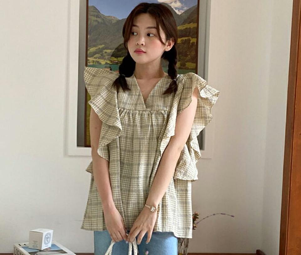 チェックフリルフレンチスリーブブラウス・全3色・b00624 レディース 【bl】トップス ブラウス フレンチスリーブ ショートスリーブ フリル チェック柄 二の腕カバー ゆったり 体型カバー リンクル ルーズ 黄色 春 夏 お腹カバー 韓国ファッション