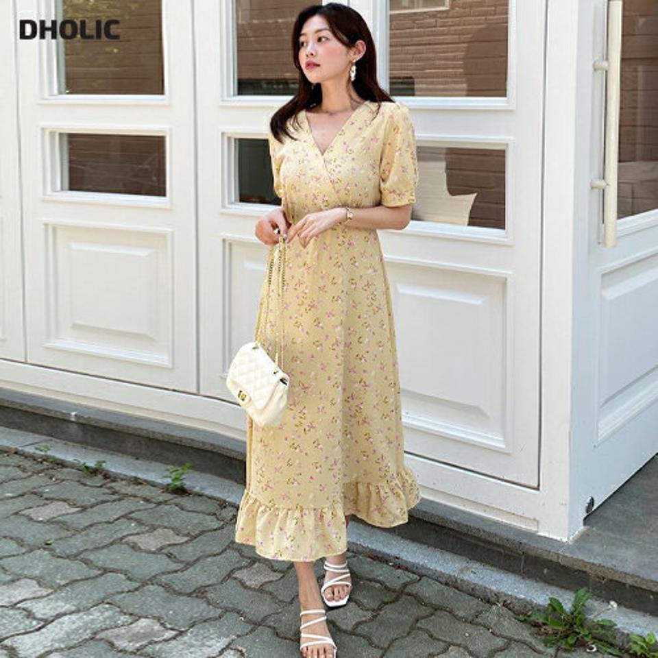 フリルヘムカシュクール花柄ワンピース・全2色・b00619 レディース 【ops】ワンピース ロング丈 ロングワンピース 半袖 ハーフスリーブ カシュクール 花柄 フラワー フリル ガーリー パフ袖 パフスリーブ ギャザー 黄色 春 夏 韓国ファッション