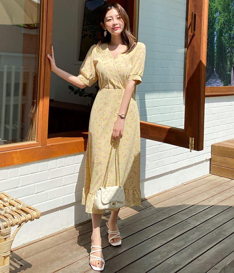 フリルヘムカシュクール花柄ワンピース・全2色・b00619 レディース 【ops】ワンピース ロング丈 ロングワンピース 半袖 ハーフスリーブ カシュクール 花柄 フラワー フリル ガーリー パフ袖 パフスリーブ ギャザー 黄色 春 夏 韓国ファッション