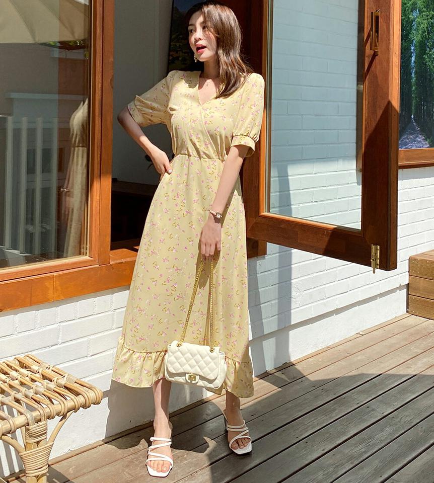フリルヘムカシュクール花柄ワンピース・全2色・b00619 レディース 【ops】ワンピース ロング丈 ロングワンピース 半袖 ハーフスリーブ カシュクール 花柄 フラワー フリル ガーリー パフ袖 パフスリーブ ギャザー 黄色 春 夏 韓国ファッション