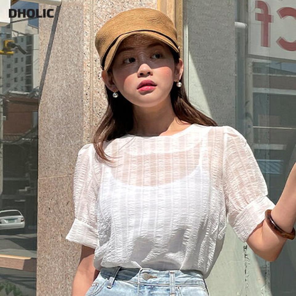 シアーチェック半袖ブラウス・全3色・t00627 レディース 【tops】トップス 半袖 ブラウス ハーフスリーブ チェック柄 透け感 シアー シースルー フェミニン カジュアル パフ袖 パフスリーブ ラウンドネック リンクル 春 夏 韓国ファッション