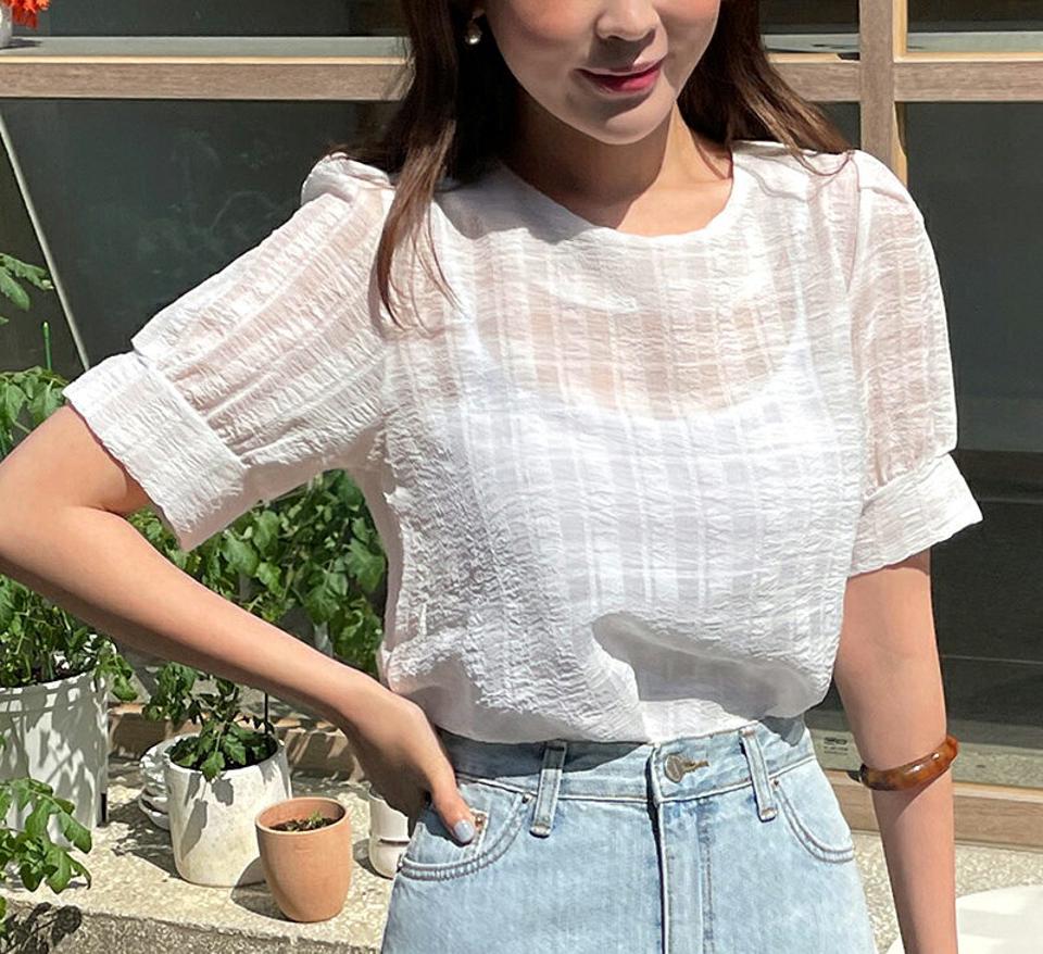 シアーチェック半袖ブラウス・全3色・t00627 レディース 【tops】トップス 半袖 ブラウス ハーフスリーブ チェック柄 透け感 シアー シースルー フェミニン カジュアル パフ袖 パフスリーブ ラウンドネック リンクル 春 夏 韓国ファッション