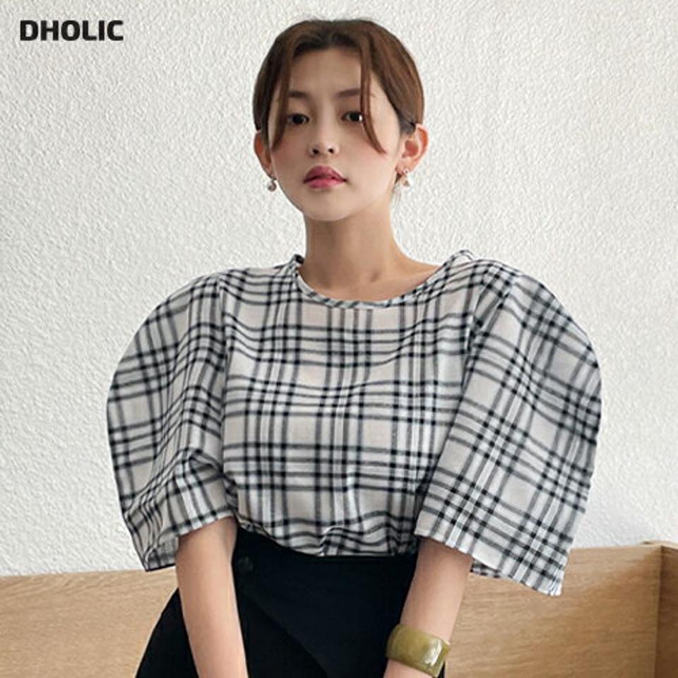 チェックパフスリーブブラウス・全2色・t00628 レディース 【bl】トップス ブラウス 半袖 ハーフスリーブ チェック柄 パフ袖 パフスリーブ 袖コン 体型カバー ラウンドネック かわいい ユニーク 可愛い 春 夏 韓国ファッション