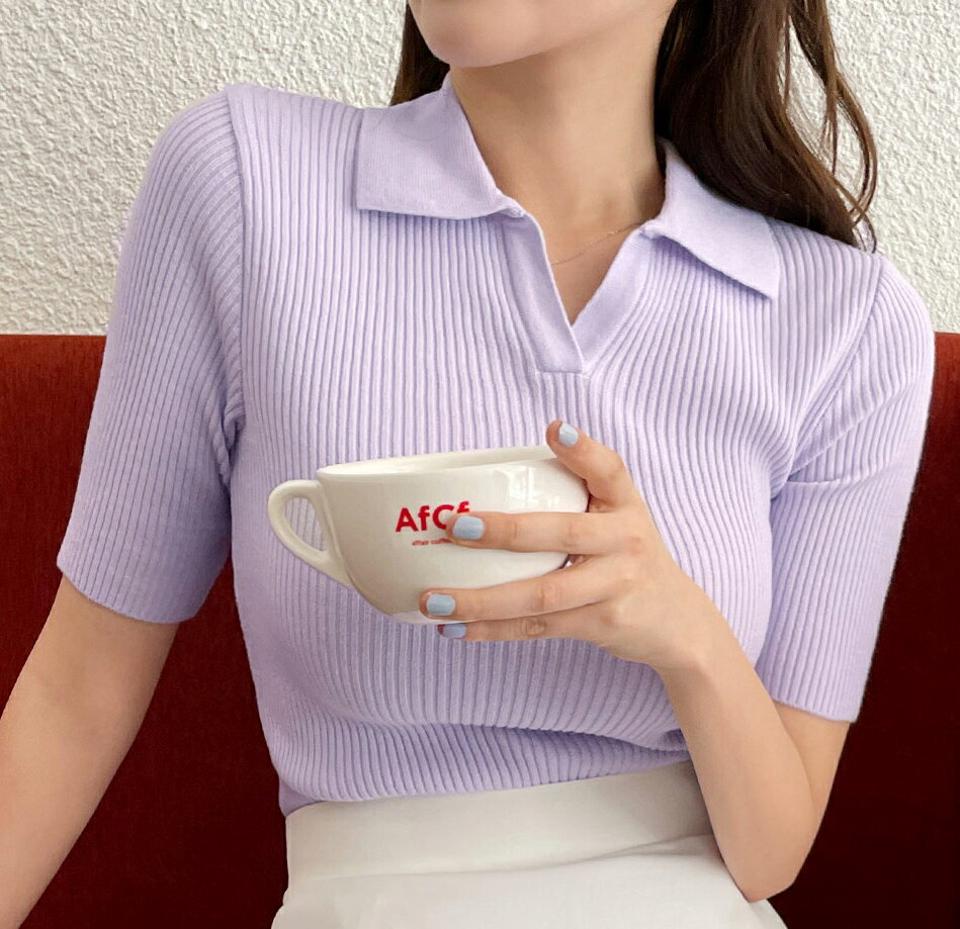 リブスリットネックカラーニット・全6色・t00634 レディース 【tops】トップス ニット 半袖 リブトップス カラーニット 襟コン ポロ襟 リブ シンプル 単色 カジュアル 大人 スリム パステル y2k 春 夏 サマーニット 韓国ファッション