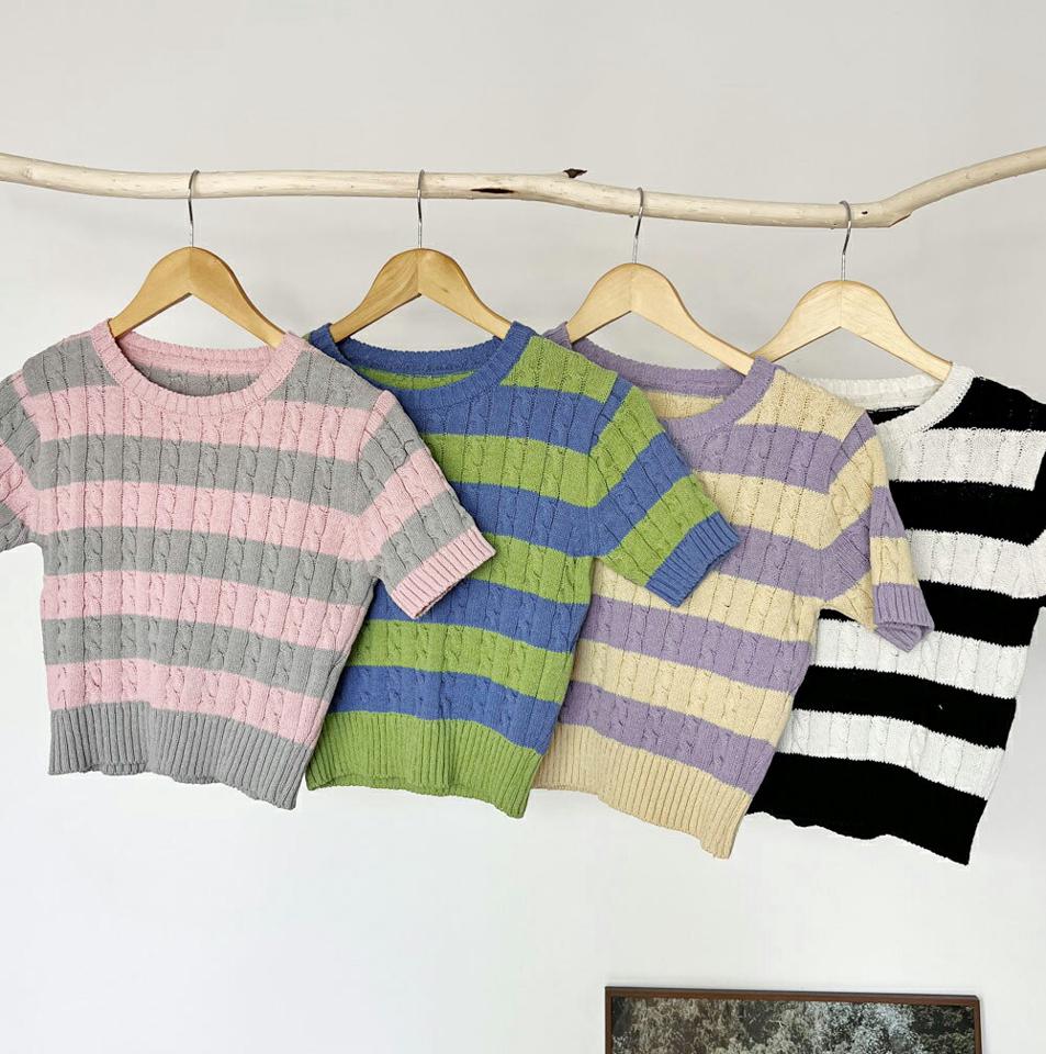 ケーブルボーダーニット・全4色・t00635 レディース 【tops】トップス ニット 半袖 ボーダー柄 ケーブルニット カジュアル ラフ クロップ雄丈 ラウンドネック ケーブル編み ピンク 春 夏 韓国ファッション