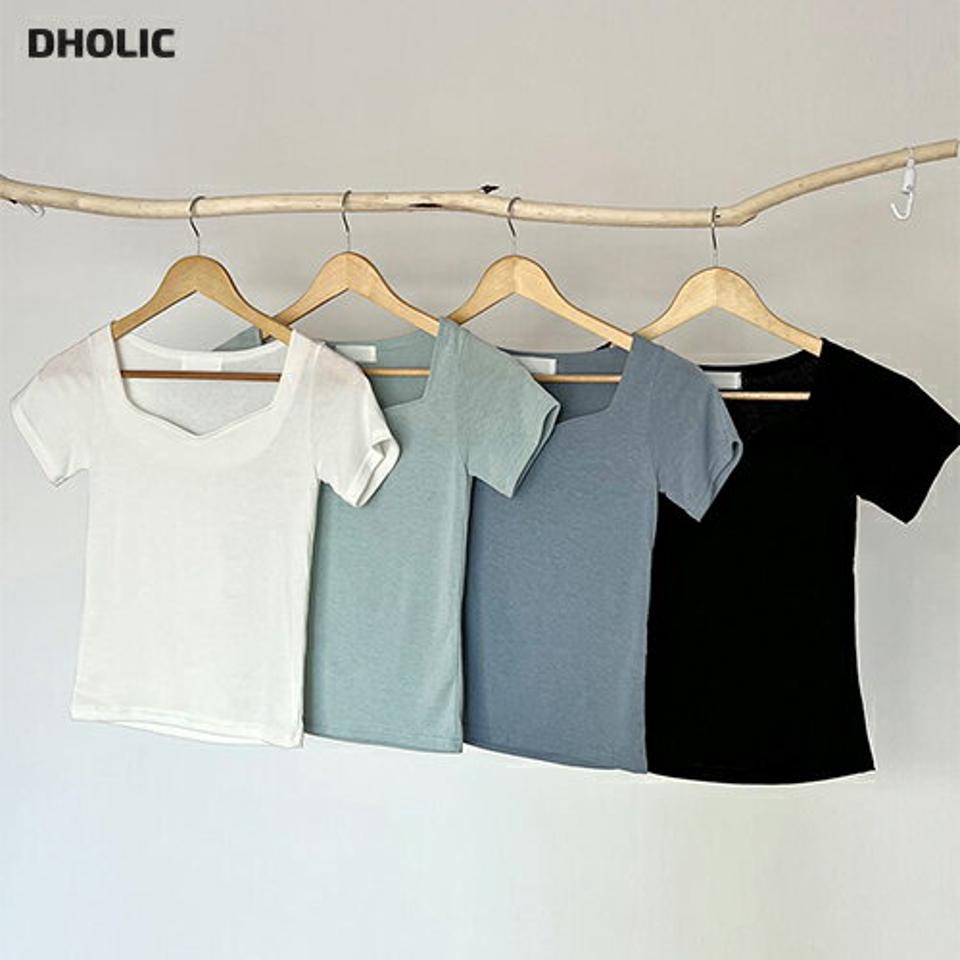 ハートネック半袖Tシャツ・全4色・t00629 レディース 【tops】トップス Tシャツ 半袖 デコルテ 鎖骨 ハートネック 単色 無地 シンプル 大人 きれいめ 短丈 クロップド丈 スリム 細身 y2k 春 夏 韓国ファッション