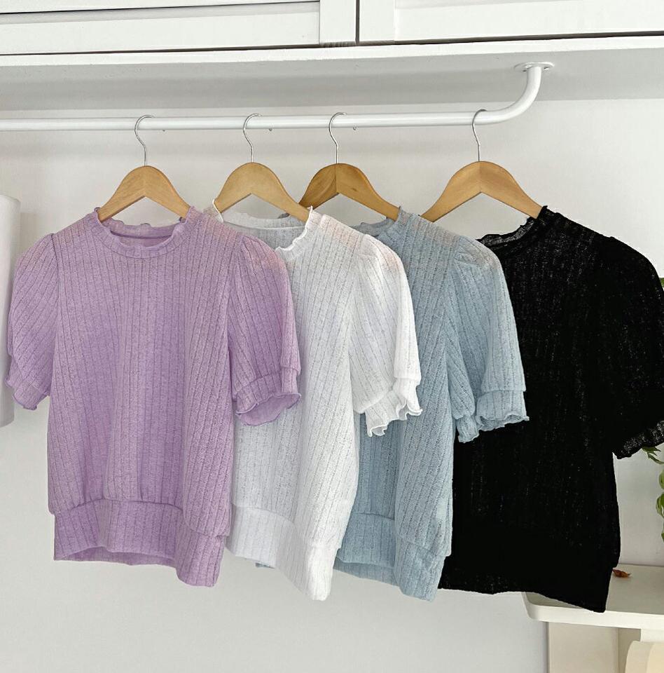メロウリブ半袖Tシャツ・全4色・t00655 レディース 【tops】トップス Tシャツ 半袖 メロウ リブ 透け感 シアー シースルー 単色 シンプル カジュアル かわいい 可愛い クロップド丈 パステル 春 夏 韓国ファッション