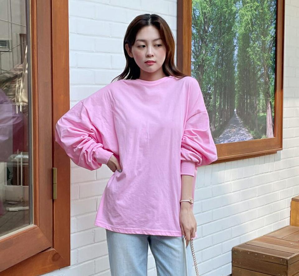 ルーズ長袖Tシャツ・全4色・t00631 レディース 【tops】トップス Tシャツ 長袖 ロンT ルーズ 単色 無地 シンプル ベーシック カジュアル ラフ ラウンドネック ドロップショルダー ゆったり パステル ピンク 春 秋 韓国ファッション