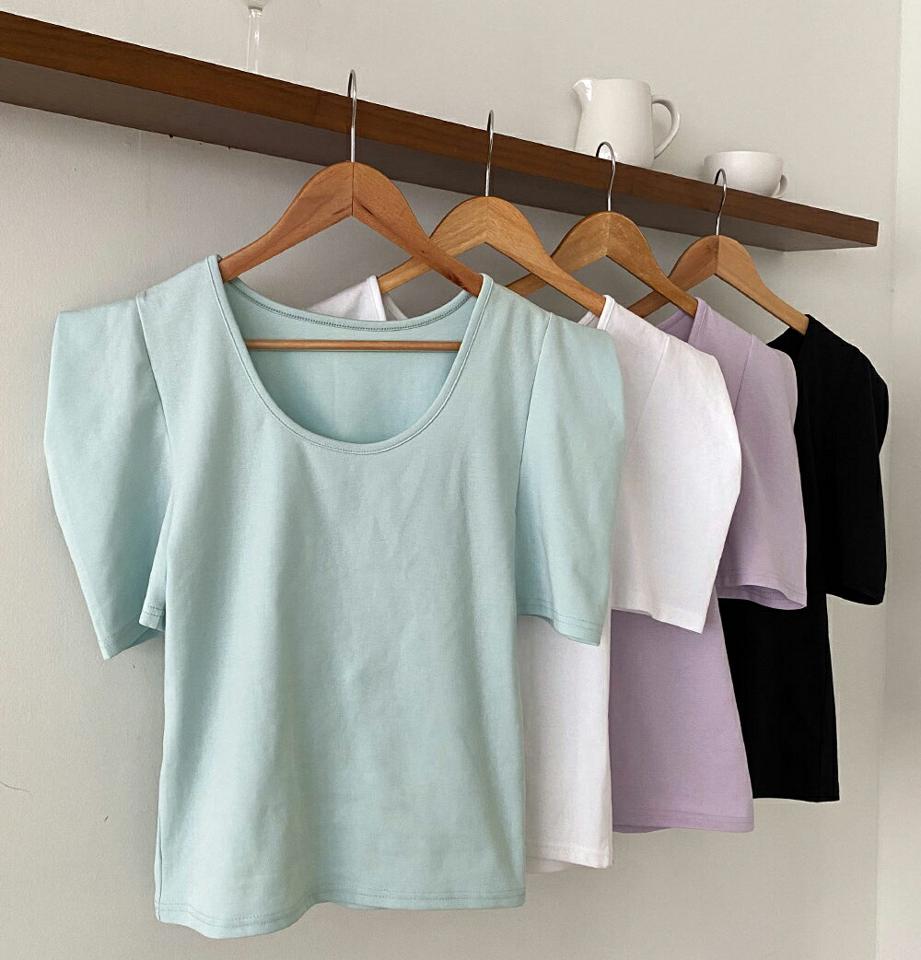 UネックパフスリーブTシャツ・全4色・b67083 レディース 【tops】トップス Tシャツ 半袖 ハーフスリーブ 袖コン パフ袖 単色 無地 シンプル Uネック かわいい パフスリーブ パステル 紫 春 夏 韓国ファッション