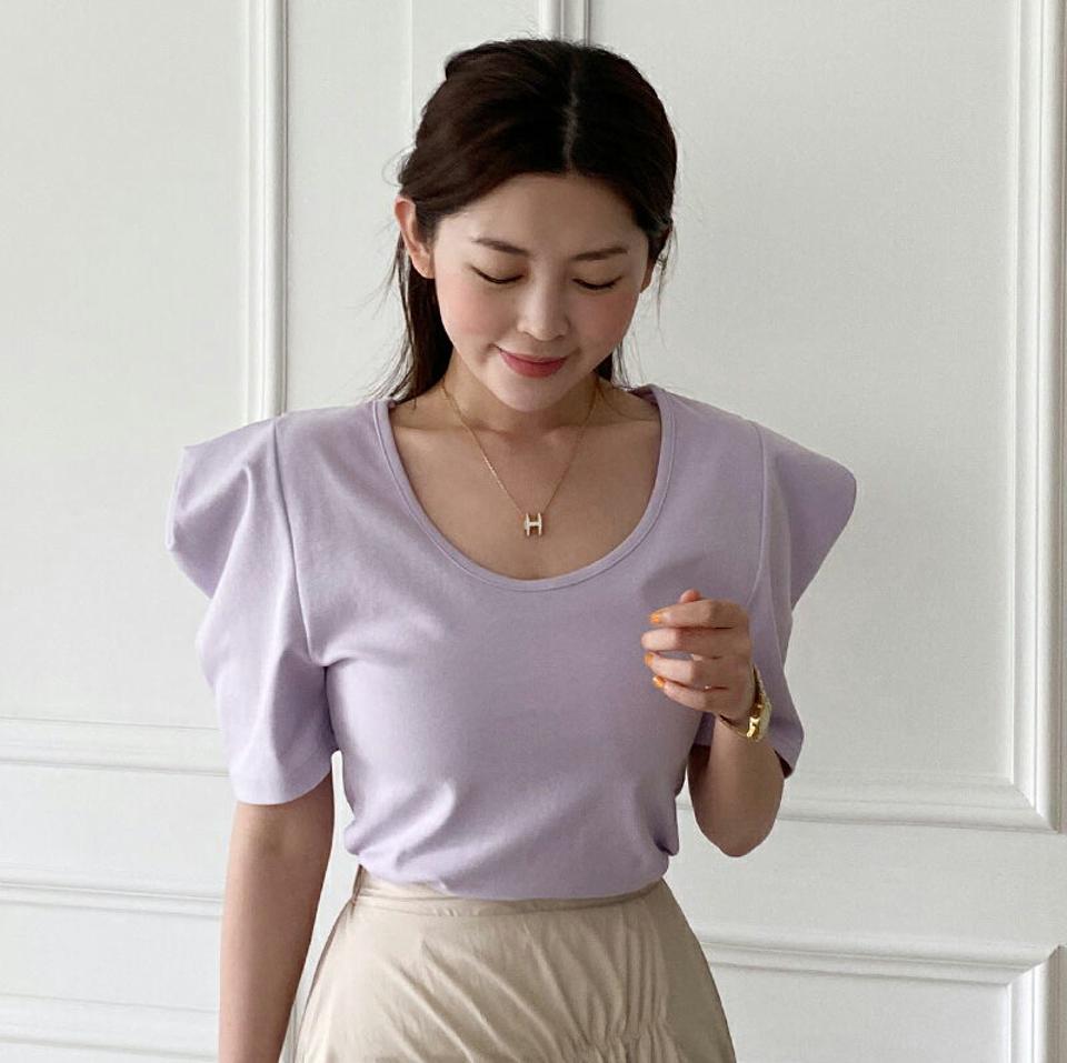 UネックパフスリーブTシャツ・全4色・b67083 レディース 【tops】トップス Tシャツ 半袖 ハーフスリーブ 袖コン パフ袖 単色 無地 シンプル Uネック かわいい パフスリーブ パステル 紫 春 夏 韓国ファッション
