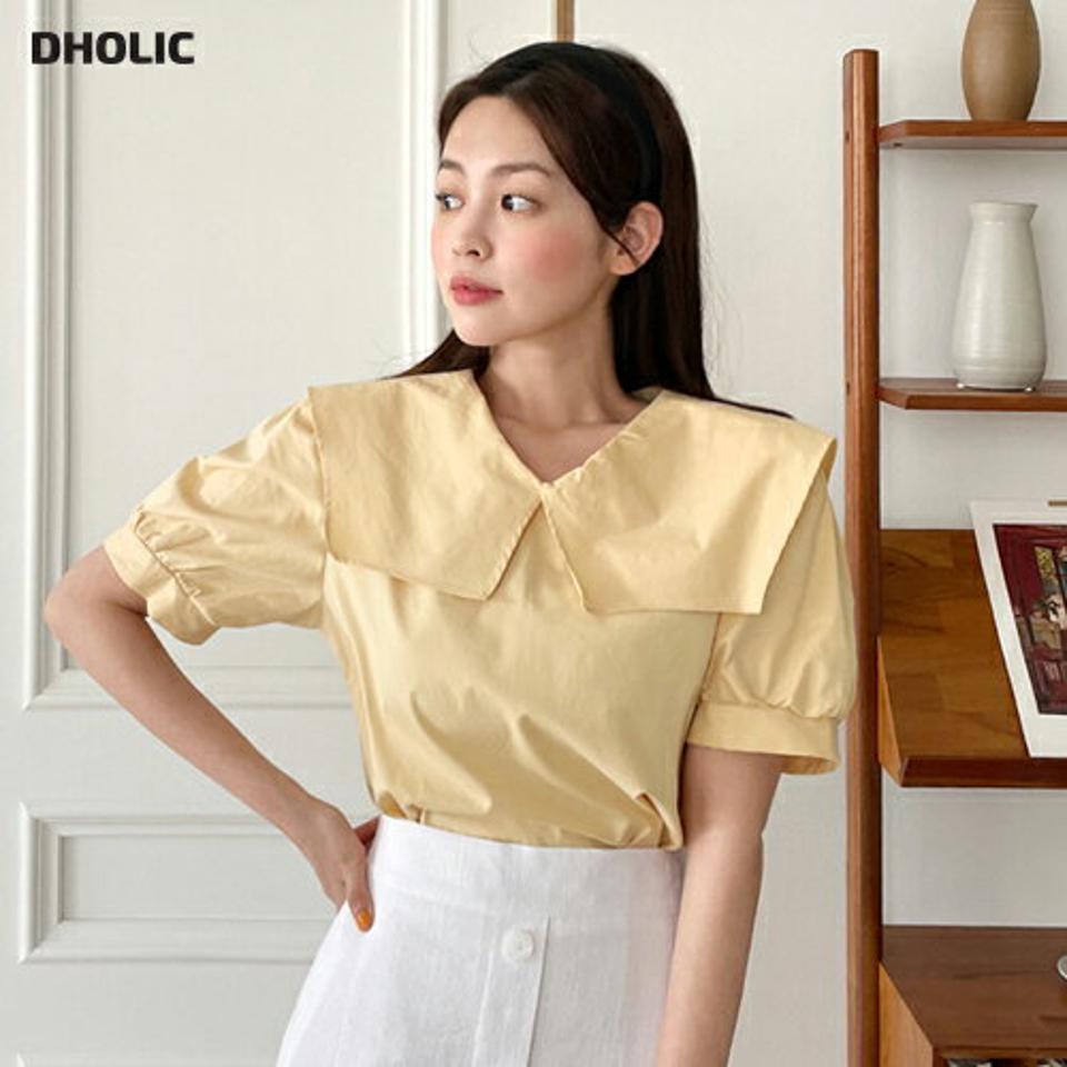 スクエアカラーパフブラウス・全3色・t67090 レディース 【bl】トップス ブラウス 半袖 襟コン 大きい襟 スクエアカラー かわいい 可愛い ガーリー 単色 無地 パフ袖 パフスリーブ コットン 綿 パステル 春 夏 韓国ファッション