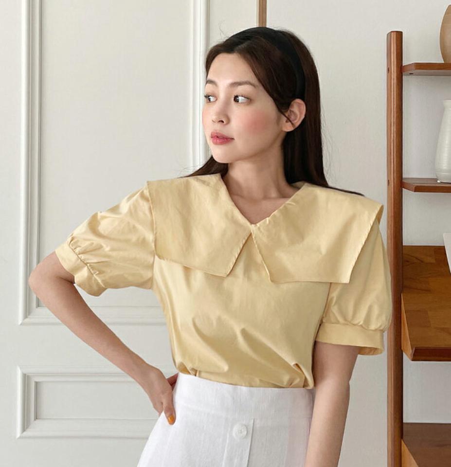 スクエアカラーパフブラウス・全3色・t67090 レディース 【bl】トップス ブラウス 半袖 襟コン 大きい襟 スクエアカラー かわいい 可愛い ガーリー 単色 無地 パフ袖 パフスリーブ コットン 綿 パステル 春 夏 韓国ファッション