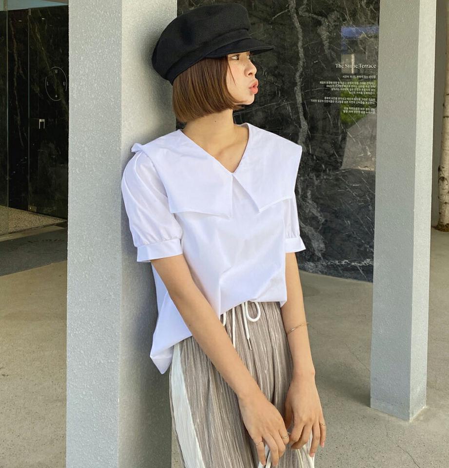 スクエアカラーパフブラウス・全3色・t67090 レディース 【bl】トップス ブラウス 半袖 襟コン 大きい襟 スクエアカラー かわいい 可愛い ガーリー 単色 無地 パフ袖 パフスリーブ コットン 綿 パステル 春 夏 韓国ファッション