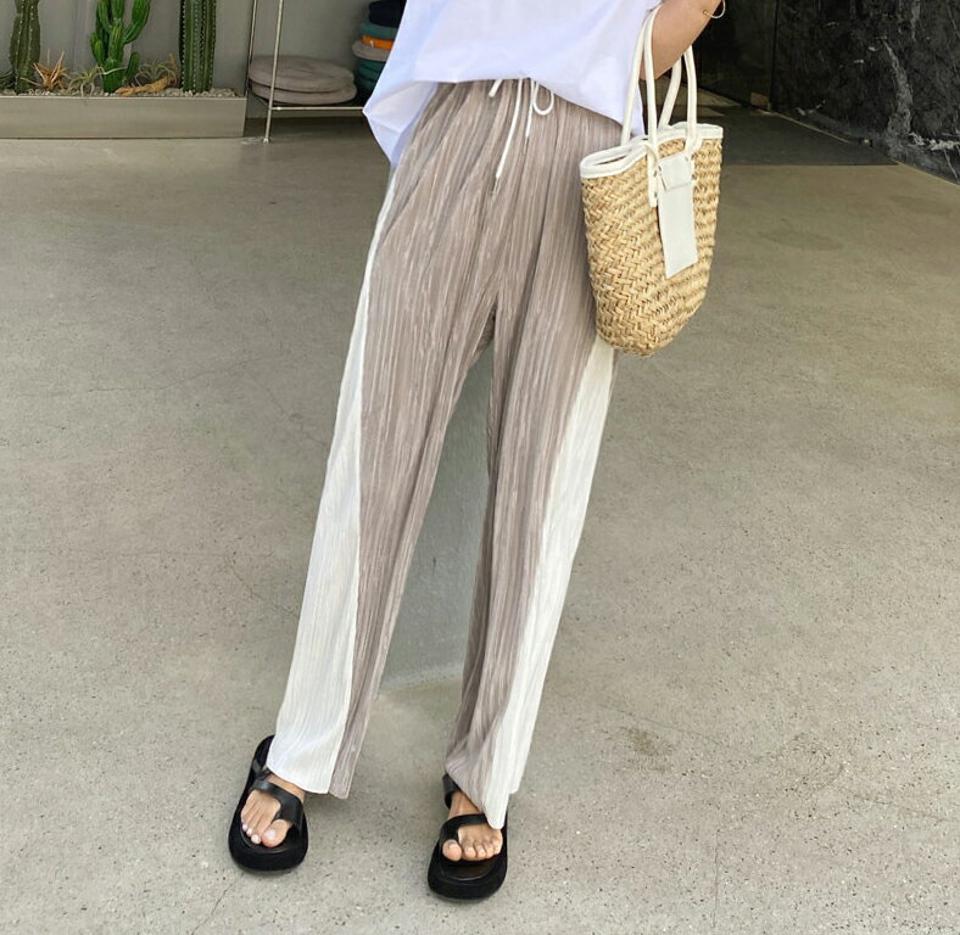 ストリングサイド配色プリーツパンツ・全3色・t67105 レディース 【pt】パンツ ズボン ロングパンツ プリーツパンツ ワイドパンツ ウエストゴム ラフ カジュアル 揺れる ハイウエスト 体型カバー ワンマイルウェア 春 夏 韓国ファッション