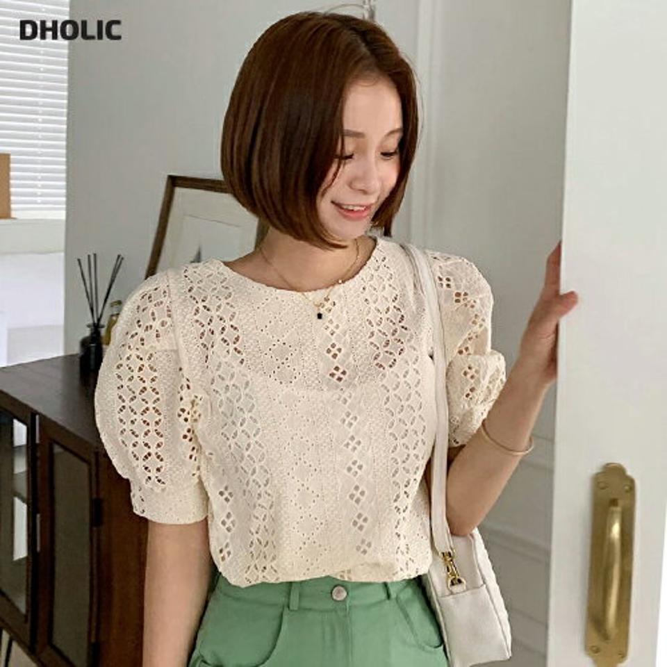 アイレットレースパフブラウス・全3色・t67088 レディース 【bl】トップス ブラウス 半袖 ハーフスリーブ パフ袖 パフスリーブ アイレット レース 総レース 透け感 シースルー かわいい 可愛い フェミニン 刺繍 春 夏 韓国ファッション