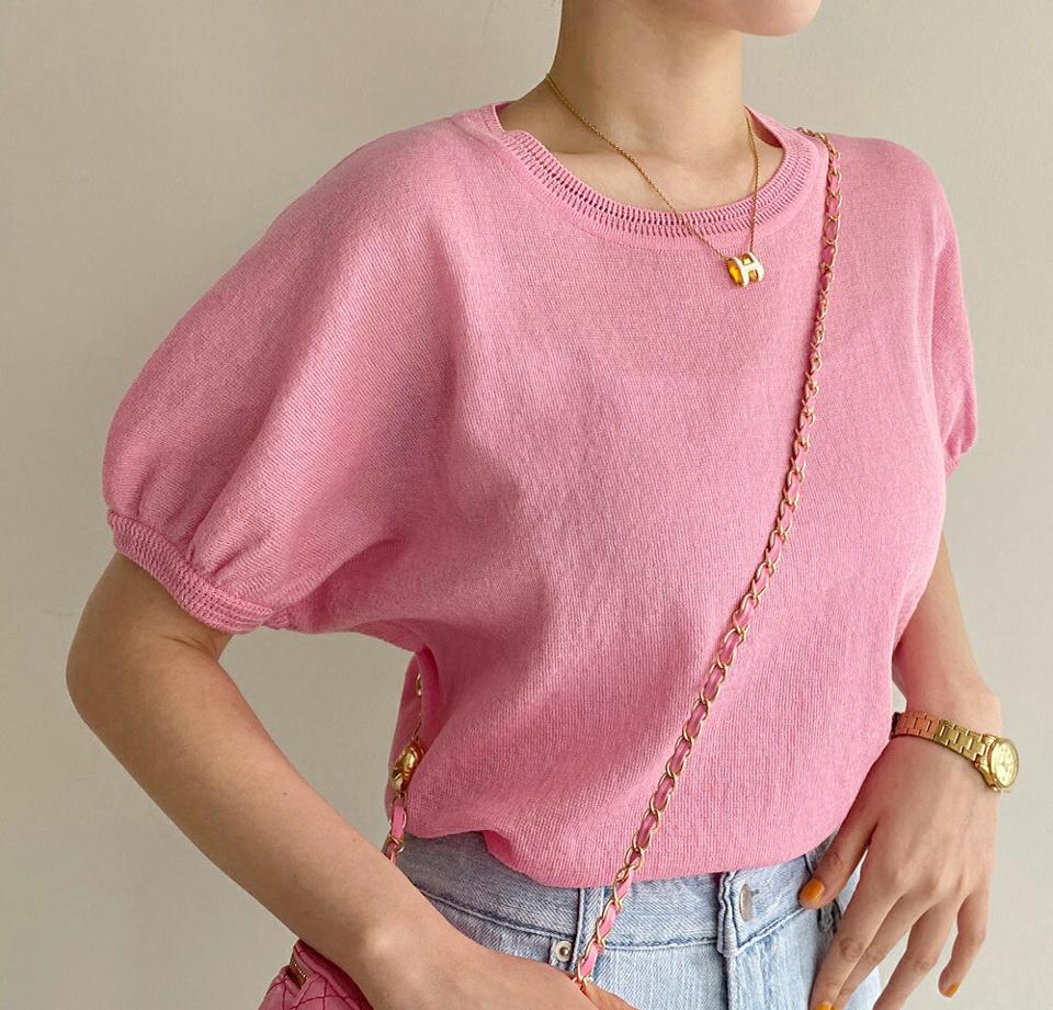 リネン混ドルマンパフニット・全3色・b67086 レディース 【tops】トップス ニット 半袖 パフ袖 パフスリーブ ドルマンスリーブ リネン 無地 シンプル かわいい ピンク 可愛い ラウンドネック パンチング 二の腕カバー 春 夏 韓国ファッション
