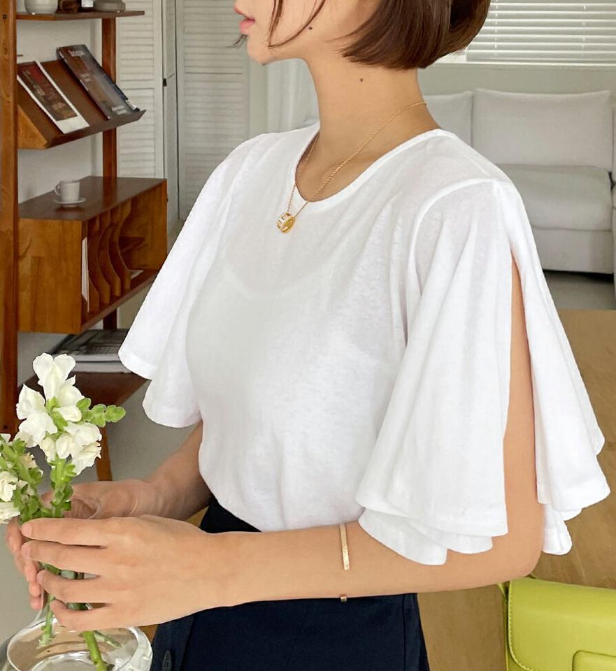 フレアスリットスリーブTシャツ・全4色・b67085 レディース 【tops】トップス Tシャツ 半袖 袖コン フレアスリーブ 単色 無地 かわいい カジュアル ラウンドネック スリット ハーフスリーブ 二の腕カバー 体型カバー 春 夏 韓国ファッション