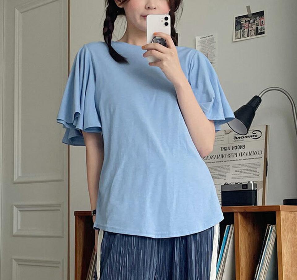 フレアスリットスリーブTシャツ・全4色・b67085 レディース 【tops】トップス Tシャツ 半袖 袖コン フレアスリーブ 単色 無地 かわいい カジュアル ラウンドネック スリット ハーフスリーブ 二の腕カバー 体型カバー 春 夏 韓国ファッション