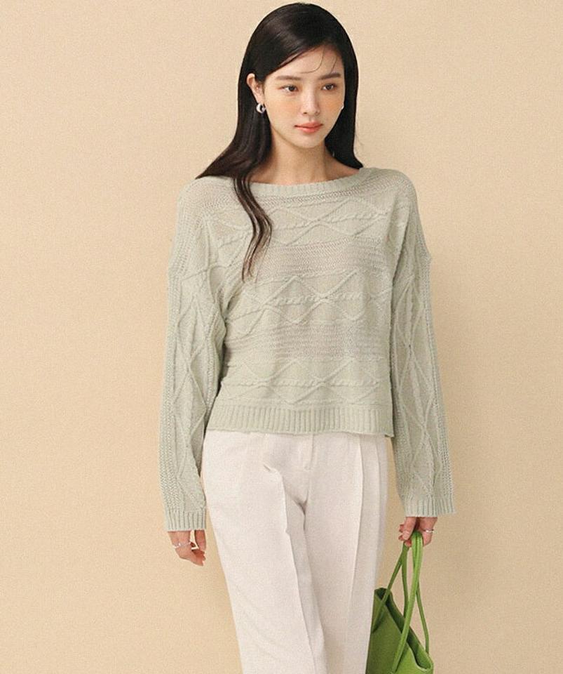 ボートネックケーブルニット・全6色・t00315 レディース 【tops】トップス ニット 長袖 単色 ケーブル 編み 模様 柄 クロップド丈 ドロップショルダー 春 秋 カジュアル かわいい 可愛い シンプル ベーシック 韓国ファッション ハイホリHIHOLLI