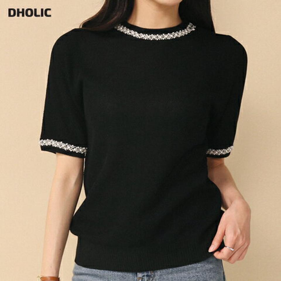 ≪人気商品再入荷≫フェイクパールワッフルニット・全2色・b00314 レディース【tops】トップス ニット 半袖 柄 模様 フェイクパール パール調 ワッフル サマーニット 編み 春 夏 上品 フェミニン 大人っぽ オフィスカジュアル 韓国ファッション ハイホリHIHOLLI