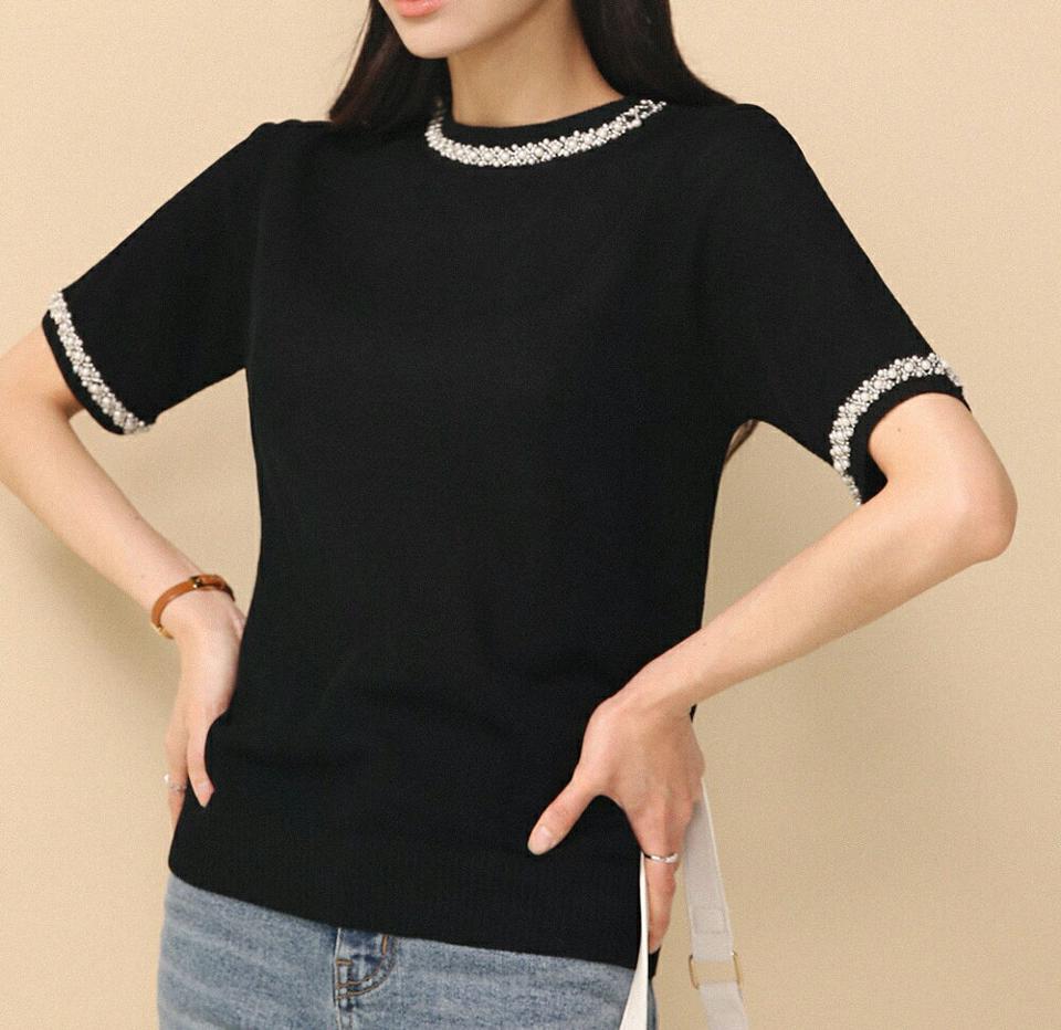 ≪人気商品再入荷≫フェイクパールワッフルニット・全2色・b00314 レディース【tops】トップス ニット 半袖 柄 模様 フェイクパール パール調 ワッフル サマーニット 編み 春 夏 上品 フェミニン 大人っぽ オフィスカジュアル 韓国ファッション ハイホリHIHOLLI