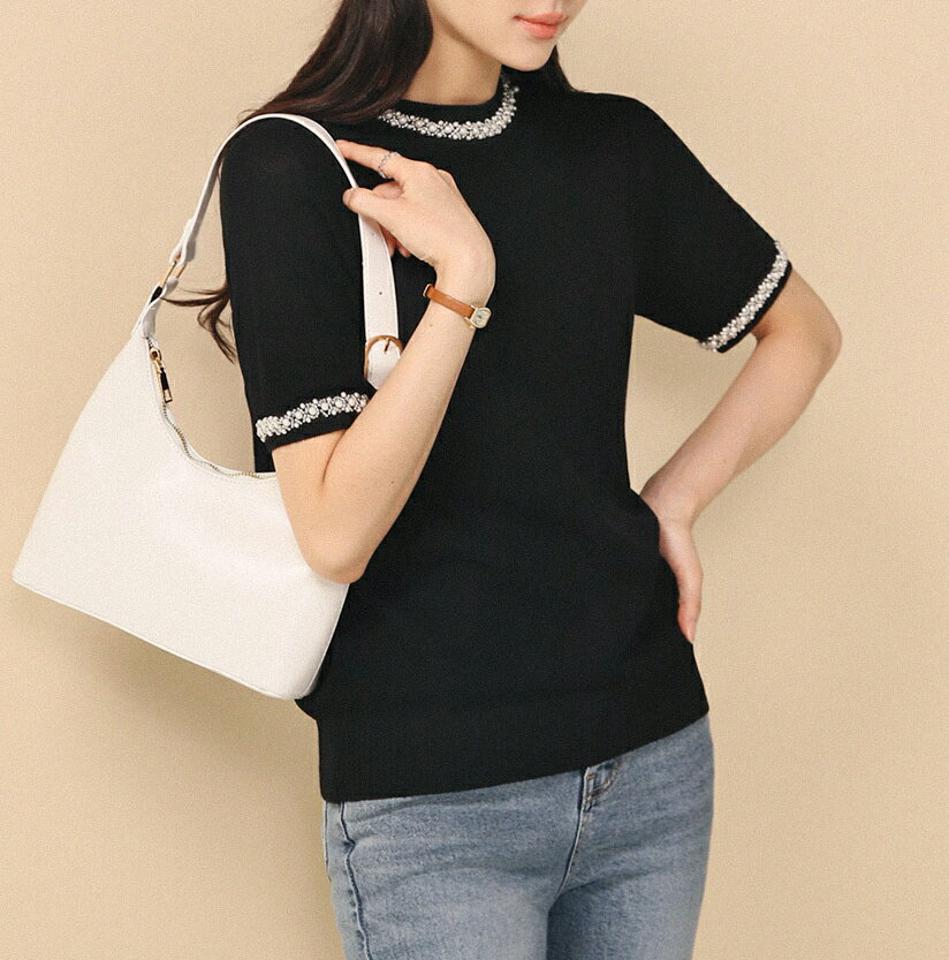 ≪人気商品再入荷≫フェイクパールワッフルニット・全2色・b00314 レディース【tops】トップス ニット 半袖 柄 模様 フェイクパール パール調 ワッフル サマーニット 編み 春 夏 上品 フェミニン 大人っぽ オフィスカジュアル 韓国ファッション ハイホリHIHOLLI