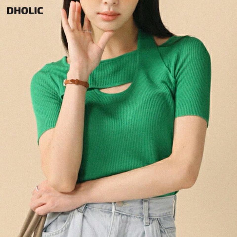 クロスホルターネックリブニット・全4色・t00312 レディース 【tops】 トップス ニット 半袖 カットアウト 単色 無地 ユニーク クロス リブ スリム 肌見せ 春 夏 カジュアル 大人っぽ きれいめ 緑 sky 韓国ファッション ハイホリHIHOLLI