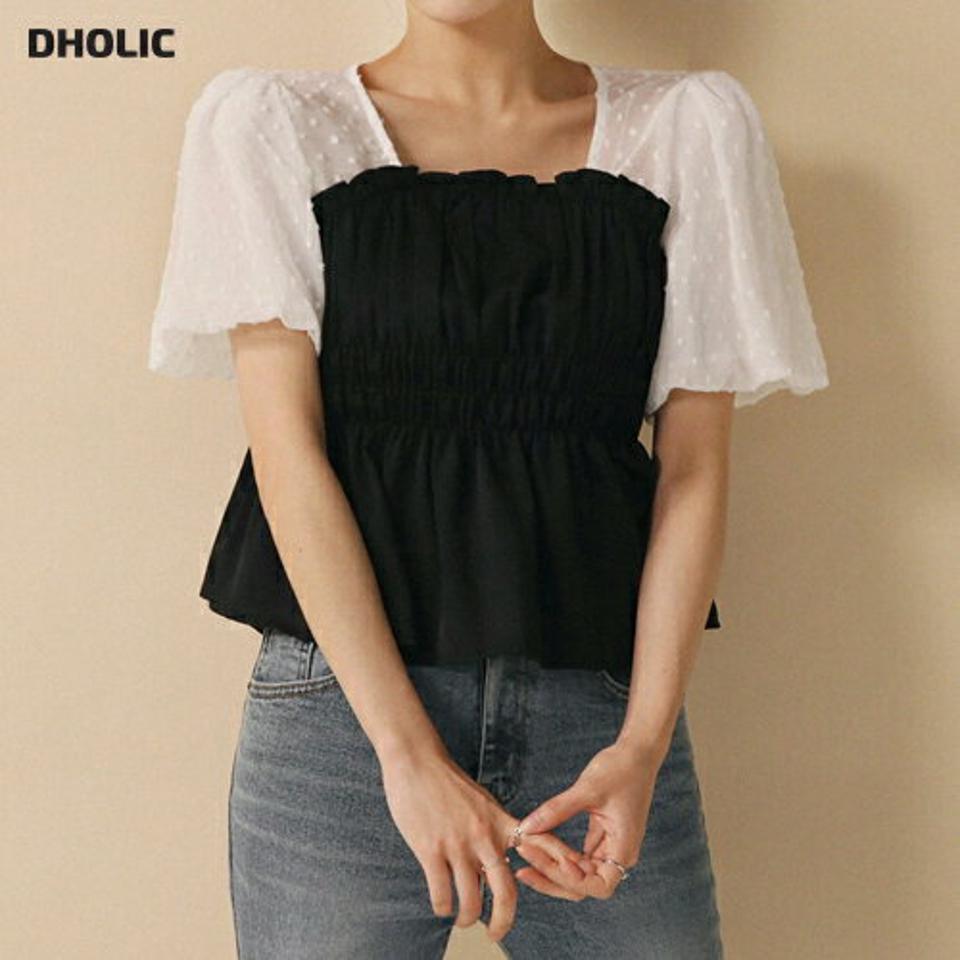 2TYPEドットシャーリングブラウス・全3色・t00310 レディース 【bl】ブラウス トップス 半袖 柄 模様 配色 異素材 ドット モノトーン シャーリング シアー 透け感 クロップド丈 春 夏 フェミニン ガーリー 韓国ファッション ハイホリHIHOLLI