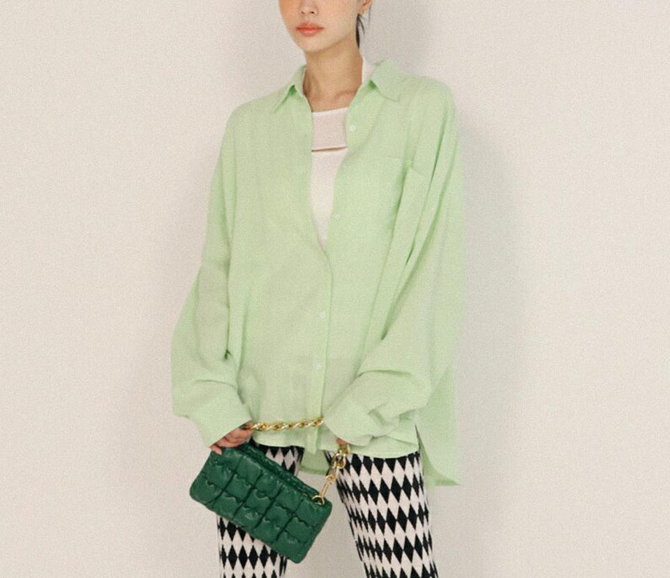 【10%OFF】リネン混オーバーサイズシャツ・全4色・t00308 レディース 【bl】シャツ トップス 長袖 単色 無地 シンプル ベーシック オーバーサイズ ルーズ シアー 襟 リネン混 体型カバー 春 夏 パステル カジュアル 大人 韓国ファッション ハイホリHIHOLLI セール SALE