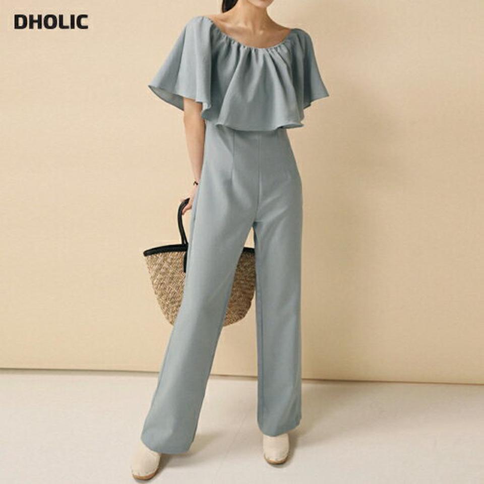 【10%OFF】2WAYラッフルオールインワン・全2色・t00303 レディース 【pt】オールインワン パンツ ロング丈 半袖 ラッフル 無地 シンプル デコルテ オフショル 体型カバー 春 夏 パステル フェミニン 大人 二の腕カバー 水色 韓国ファッション ハイホリHIHOLLI セール SALE