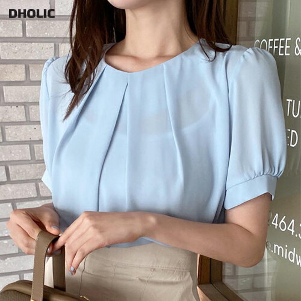 タックネックブラウス・全4色・b66676 レディース 【bl】トップス ブラウス 半袖 タック 上品 単色 無地 シンプル 大人 きれいめ オフィスカジュアル 学校行事 パステル 水色 フェミニン パフスリーブ パフ袖 春 夏 韓国ファッション