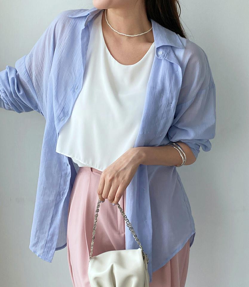 ボクシーシアーシャツ・全5色・t66680 レディース 【bl】トップス シャツ シアー 透け感 シースルー レディ 長袖 ゆったり ルーズ ラフ 単色 無地 シンプル カジュアル 大人 ポケット ドロップショルダー 春 秋 韓国ファッション