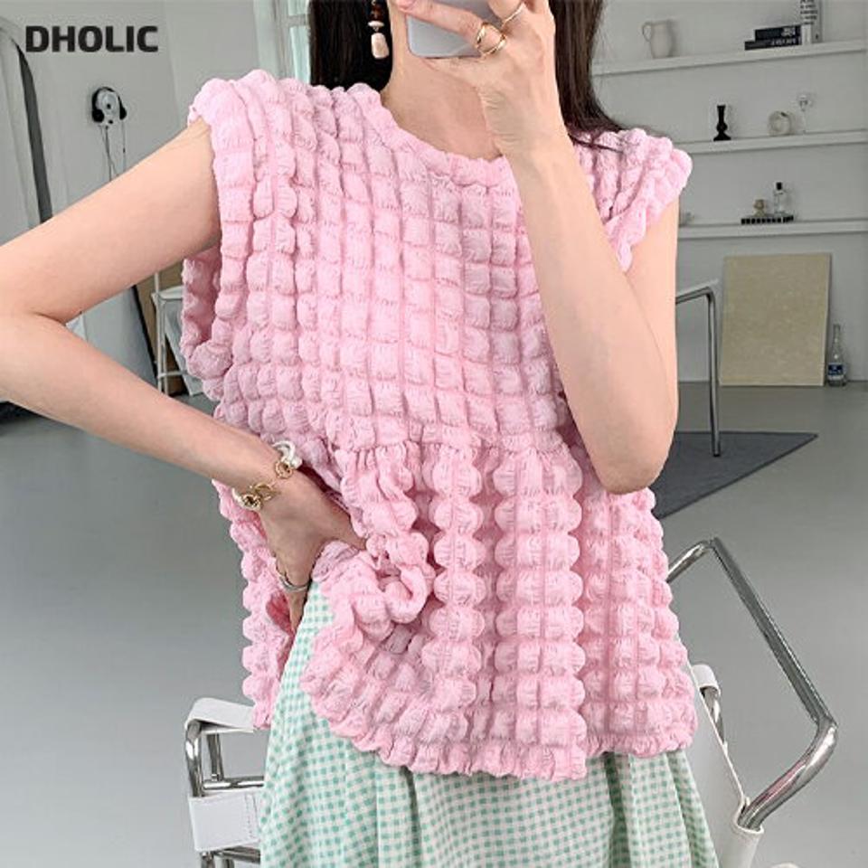 エンボスペプラムブラウス・全4色・t00549 レディース 【tops】トップス ノースリーブ スリーブレス 単色 柄 模様 エンボス ペプラム パステル 春 夏 ラブリー ガーリー フェミニン 可愛い ピンク お腹カバー ポップコーン 韓国ファッション ハイホリHIHOLLI