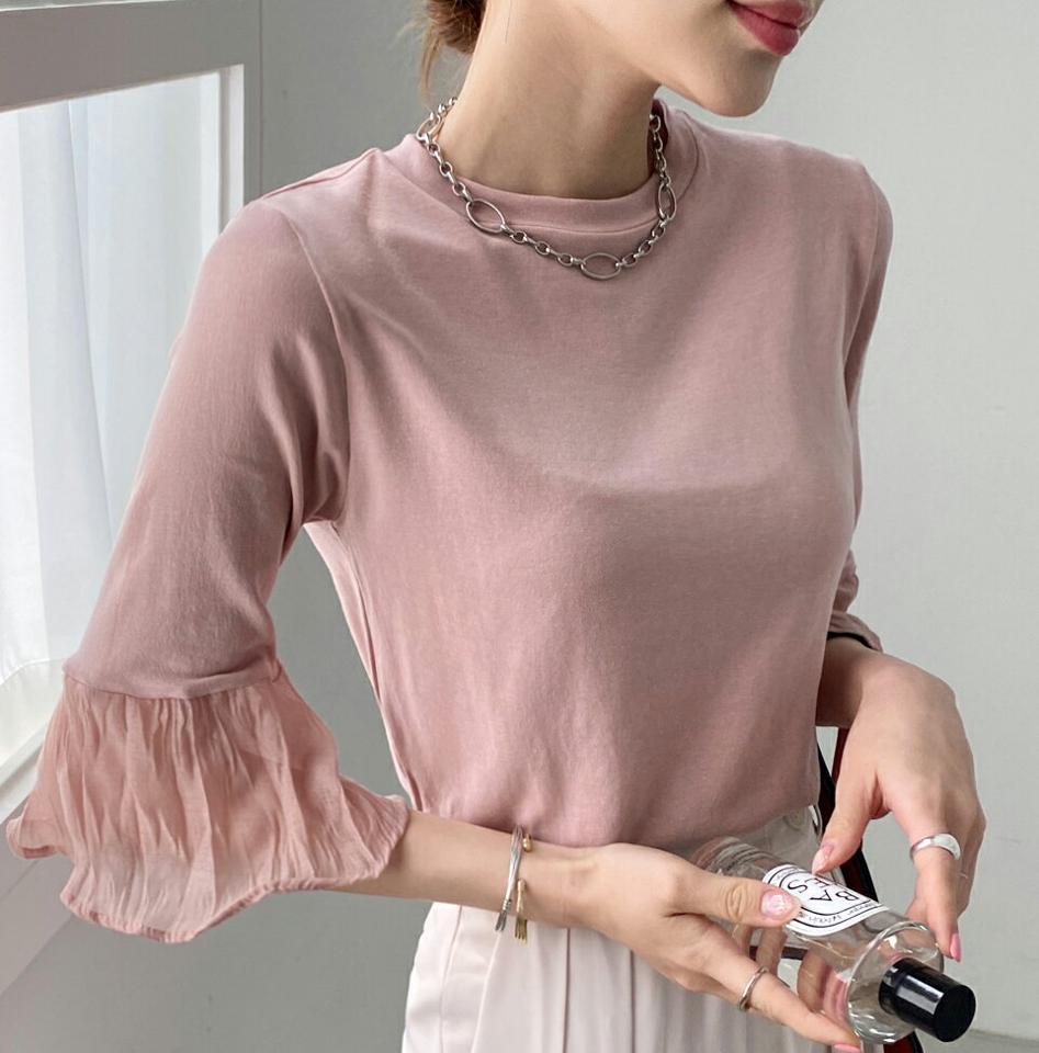 リンクルスリーブTシャツ・全4色・b00551 レディース 【tops】トップス Tシャツ 七分袖 七分丈 単色 異素材 シンプル リンクル 透け感 シアー オフィスカジュアル フェミニン きれいめ 上品 春 夏 大人っぽ 韓国ファッション ハイホリHIHOLLI