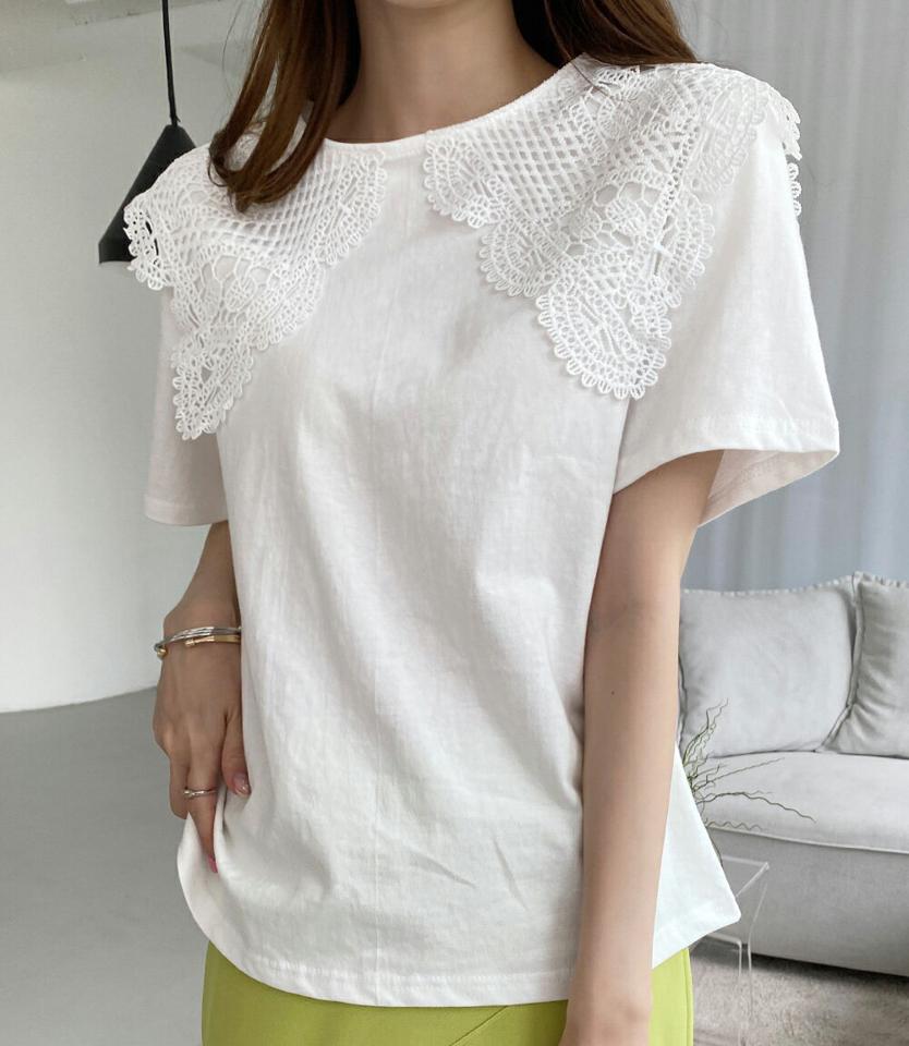 ビッグレースセーラーカラーTシャツ・全2色・b00552 レディース 【tops】トップス Tシャツ 単色 異素材 シンプル 襟コン 襟 半袖 セーラー 春 夏 爽やか カジュアル フェミニン ガーリー かわいい 可愛い 韓国ファッション ハイホリHIHOLLI