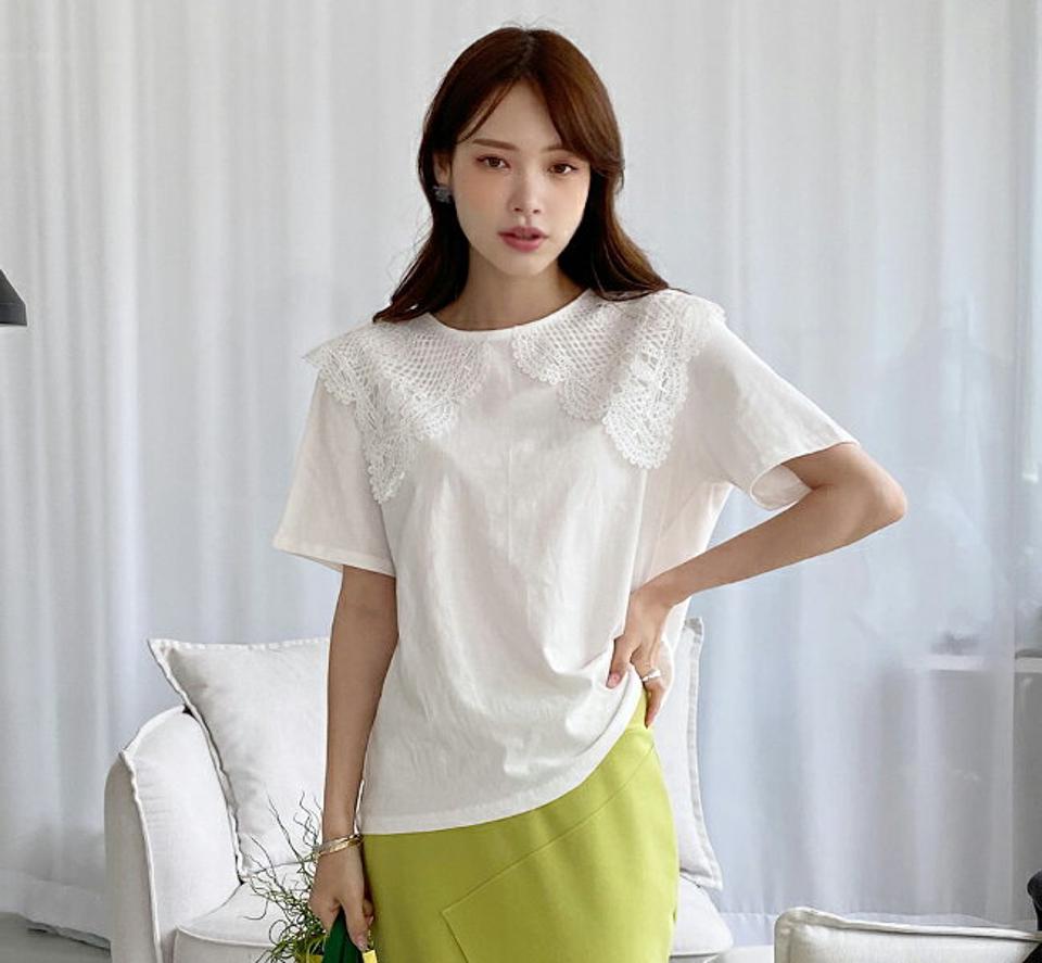 ビッグレースセーラーカラーTシャツ・全2色・b00552 レディース 【tops】トップス Tシャツ 単色 異素材 シンプル 襟コン 襟 半袖 セーラー 春 夏 爽やか カジュアル フェミニン ガーリー かわいい 可愛い 韓国ファッション ハイホリHIHOLLI