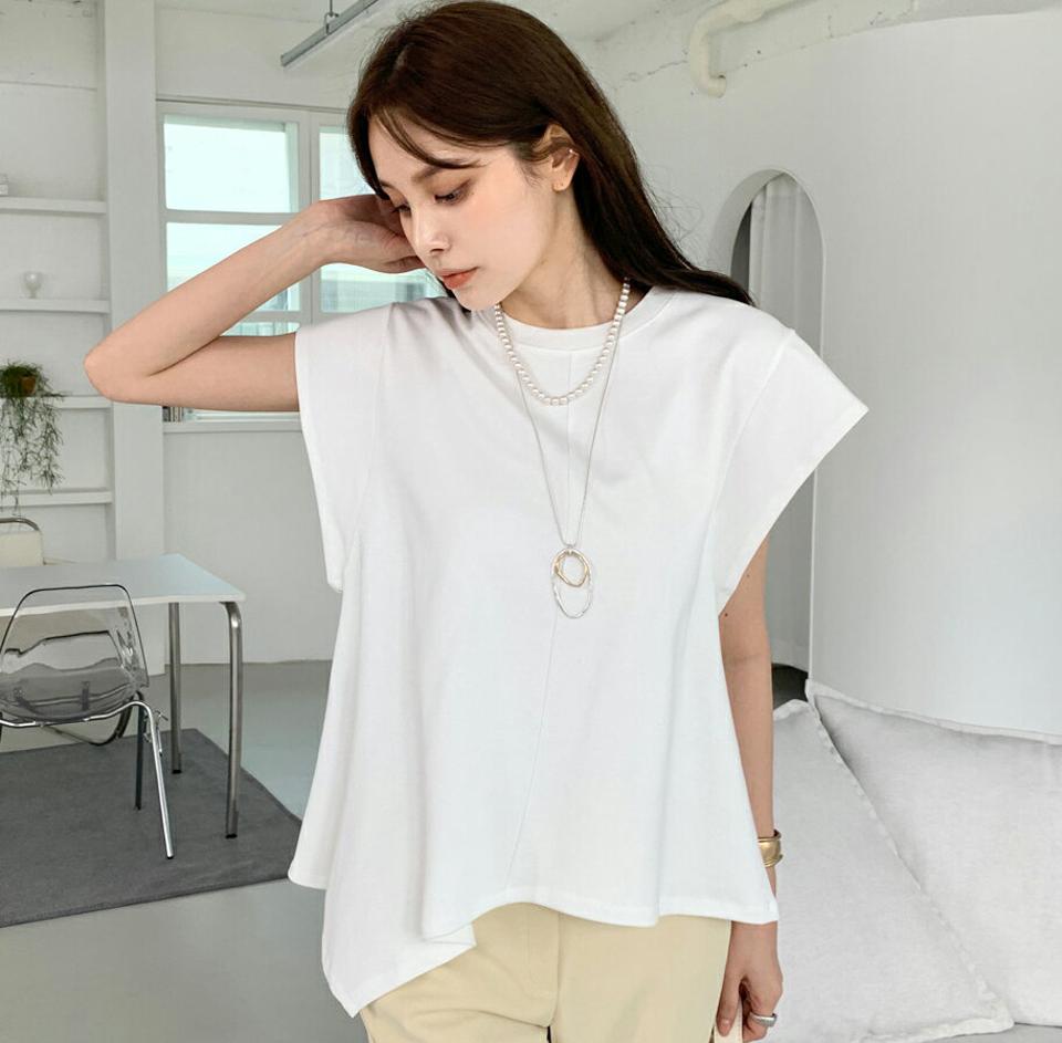 アシメキャップスリーブTシャツ・全3色・b00553 レディース 【tops】トップス Tシャツ 単色 無地 シンプル べーシック パステル 二の腕カバー キャップスリーブ ユニーク 春 夏 カジュアル 体型カバー 韓国ファッション ハイホリHIHOLLI