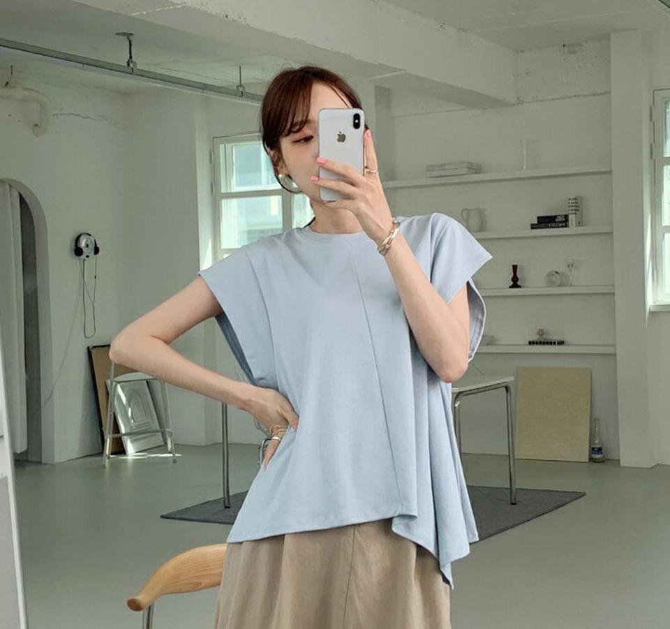 アシメキャップスリーブTシャツ・全3色・b00553 レディース 【tops】トップス Tシャツ 単色 無地 シンプル べーシック パステル 二の腕カバー キャップスリーブ ユニーク 春 夏 カジュアル 体型カバー 韓国ファッション ハイホリHIHOLLI