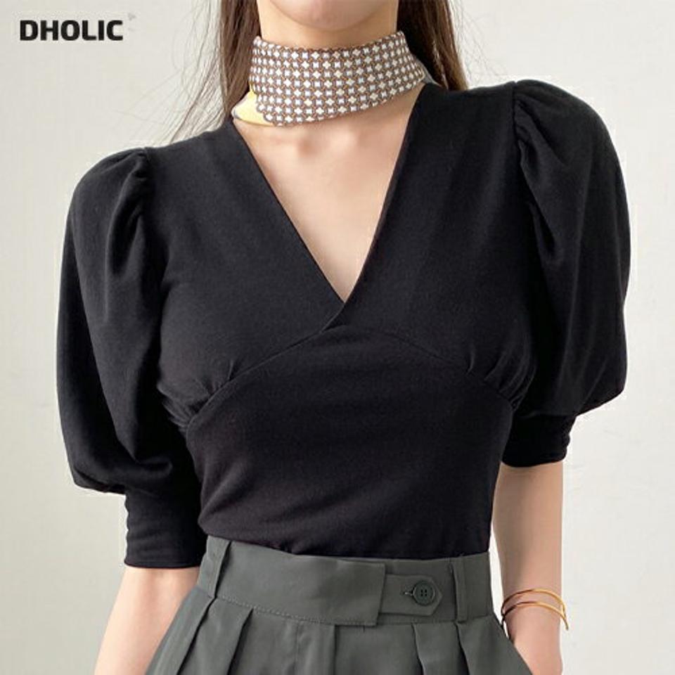 VネックパフTシャツ・全4色・t00554 レディース 【tops】トップス 単色 無地 シンプル 半袖 Tシャツ Vネック 鎖骨 デコルテ パフスリーブ パフ袖 ギャザー 二の腕カバー 春 夏 大人っぽ きれいめ 上品 フェミニン 韓国ファッション ハイホリHIHOLLI