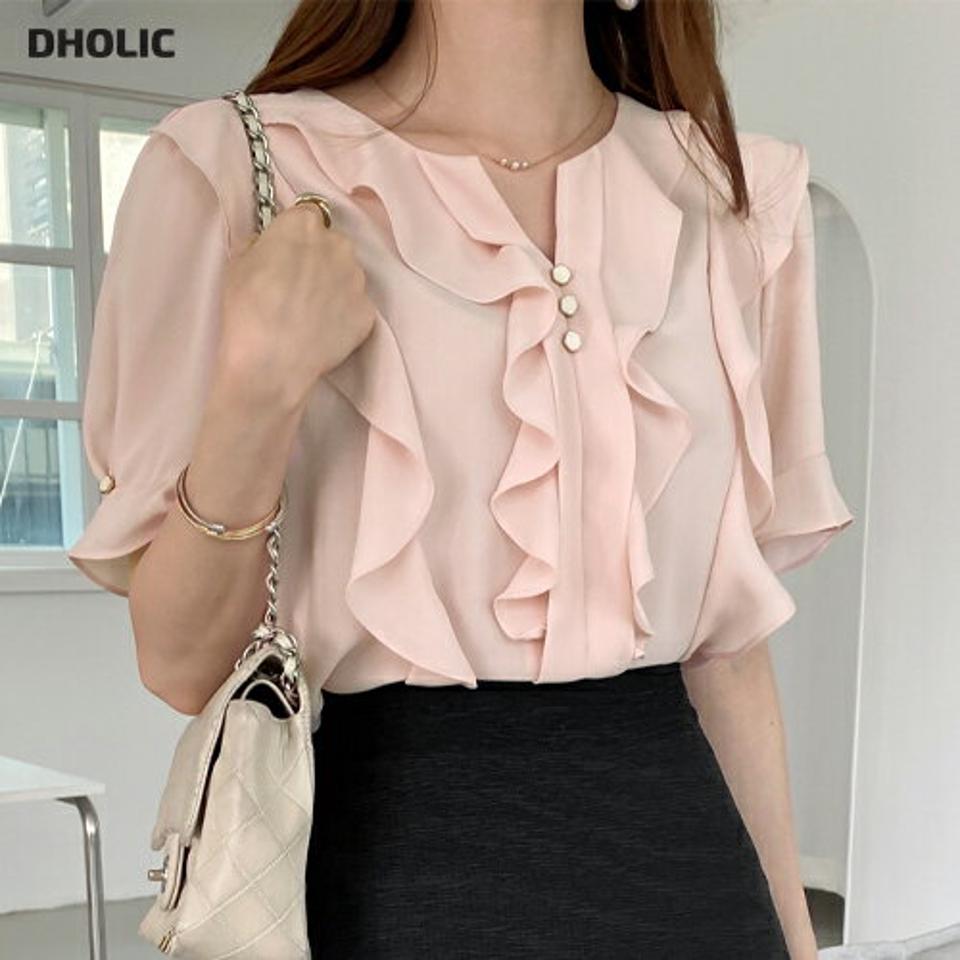 【10%OFF】フリルパフスリーブブラウス・全5色・t00557 レディース 【bl】ブラウス トップス 単色 フリル 模様 ボタン スリット パステル 半袖 パフ袖 パフスリーブ 春 夏 フェミニン ガーリー 上品 かわいい 可愛い ピンク 韓国ファッション ハイホリHIHOLLI blsセール
