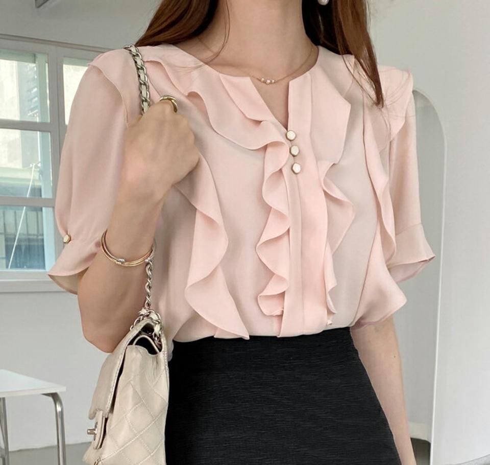 【10%OFF】フリルパフスリーブブラウス・全5色・t00557 レディース 【bl】ブラウス トップス 単色 フリル 模様 ボタン スリット パステル 半袖 パフ袖 パフスリーブ 春 夏 フェミニン ガーリー 上品 かわいい 可愛い ピンク 韓国ファッション ハイホリHIHOLLI blsセール