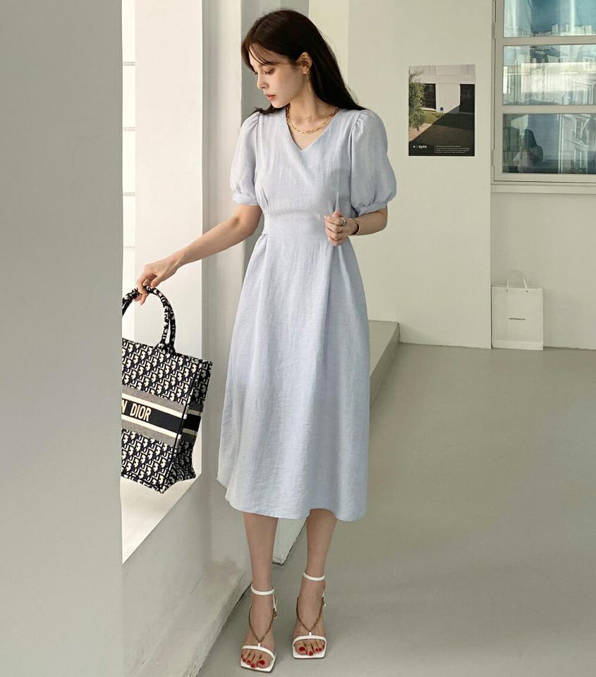 【10%OFF】リネン混リボンワンピース・全4色・t00564 レディース 【ops】ワンピース 半袖 ミディ丈 ロング丈 単色 無地 シンプル Vネック 鎖骨 デコルテ リネン混 りぼん 春 夏 パステル パフ 上品 フェミニン 二の腕カバー 韓国ファッション ハイホリHIHOLLI opsセール