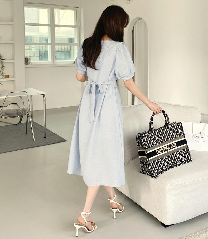 【10%OFF】リネン混リボンワンピース・全4色・t00564 レディース 【ops】ワンピース 半袖 ミディ丈 ロング丈 単色 無地 シンプル Vネック 鎖骨 デコルテ リネン混 りぼん 春 夏 パステル パフ 上品 フェミニン 二の腕カバー 韓国ファッション ハイホリHIHOLLI opsセール