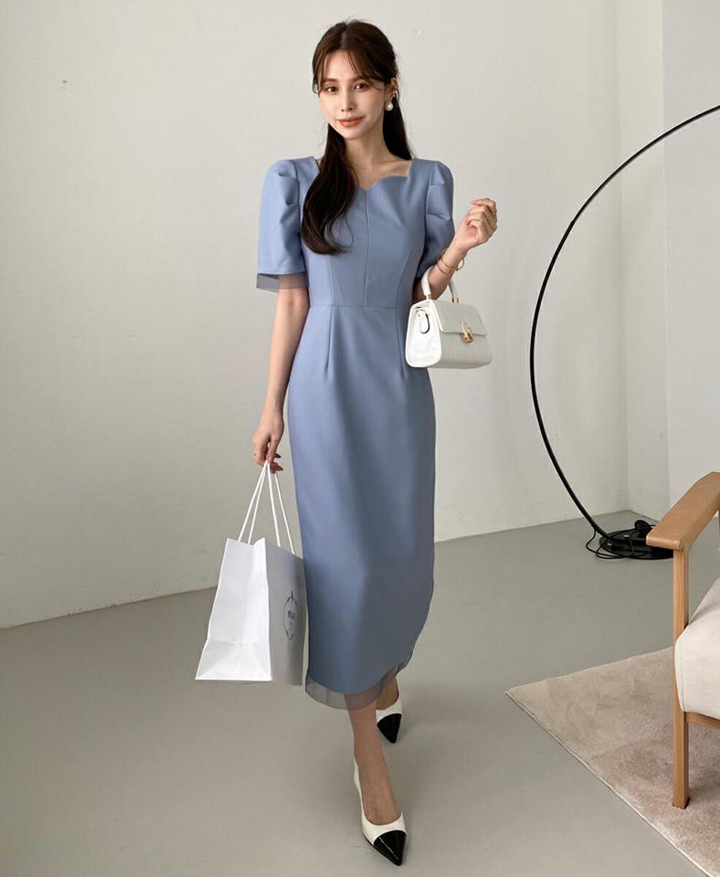 シアーヘムハートネックワンピース・全2色・t00565 レディース 【ops】ワンピース ロング丈 半袖 単色 無地 シンプル ハートネック 鎖骨 デコルテ 異素材 シアー お呼ばれ 春 夏 フェミニン ガーリー 結婚式 パーティードレス 上品 韓国ファッション ハイホリHIHOLLI