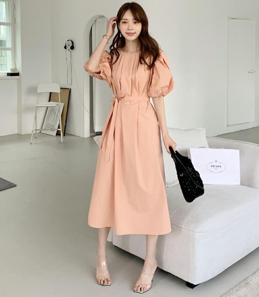 ストラップ付パフワンピース・全2色・b00566 レディース 【ops】ワンピース ロング丈 半袖 単色 無地 シンプル パステル 体型カバー 二の腕カバー 楽ちん パフ袖 パフ 綿 コットン 春 夏 フェミニン 大人っぽ 韓国ファッション ハイホリHIHOLLI