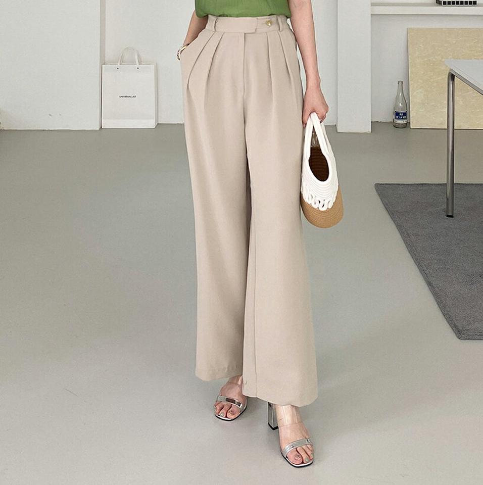 ボタンワイドスラックス・全4色・t00575 レディース 【pt】スラックス パンツ ロング丈 カラーパンツ パステル ワイド ボタン ゆったり オフィス 春 夏 フェミニン ハイウエスト 大人 カジュアル カラーパンツ 緑 韓国ファッション ハイホリHIHOLLI