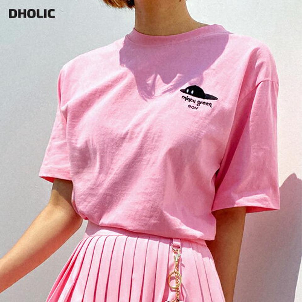 ラウンドネック刺繍半袖Tシャツ・全4色・t02289 レディース 【tops】トップス Tシャツ 半袖 ハーフスリーブ 刺繍 ラウンドネック シンプル カジュアル ワンポイント ラフ ピンク 春 夏 韓国ファッション GOLFWEAR ゴルフウェア