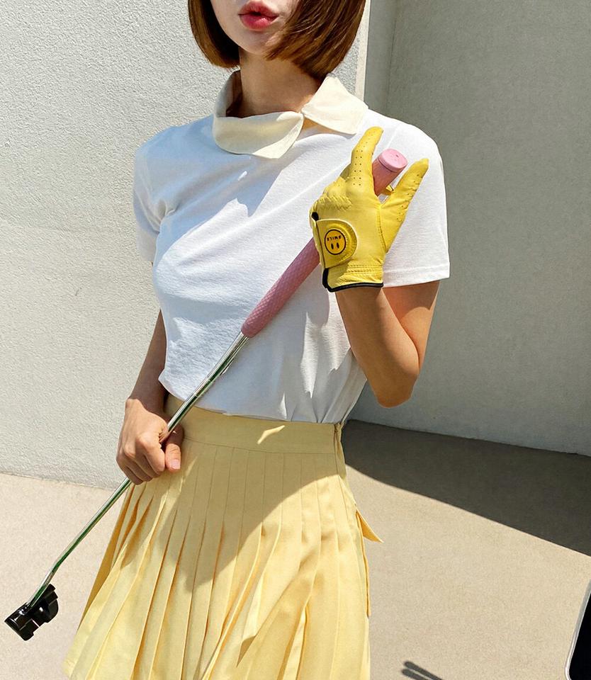 アンバランスカラーTシャツ・全2色・b02291 レディース 【tops】トップス Tシャツ 半袖 襟コン フェミニン シック 大人 配色 クロップド丈 無地 シンプル テニス 春 夏 韓国ファッション GOLFWEAR ゴルフウェア