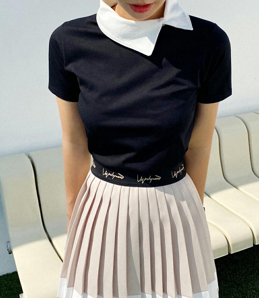 アンバランスカラーTシャツ・全2色・b02291 レディース 【tops】トップス Tシャツ 半袖 襟コン フェミニン シック 大人 配色 クロップド丈 無地 シンプル テニス 春 夏 韓国ファッション GOLFWEAR ゴルフウェア