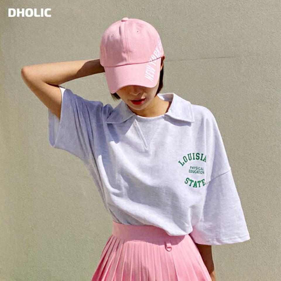 カラーネックレタリングTシャツ・全2色・b02293 レディース 【tops】トップス Tシャツ 半袖　ハーフスリーブ オーバー ゆったり ロゴ レタリング ポロ襟 襟コン カジュアル ラフ ドロップショルダー 春 夏 韓国ファッション GOLFWEAR ゴルフウェア